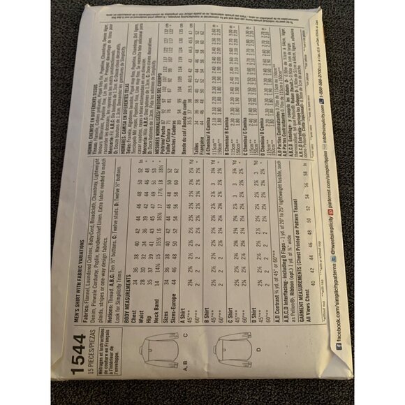 Simplicity 1544 Mens Shirt Sewing Pattern Uncut Size 44 46 48 50 52 2013 - Picture 3 of 4